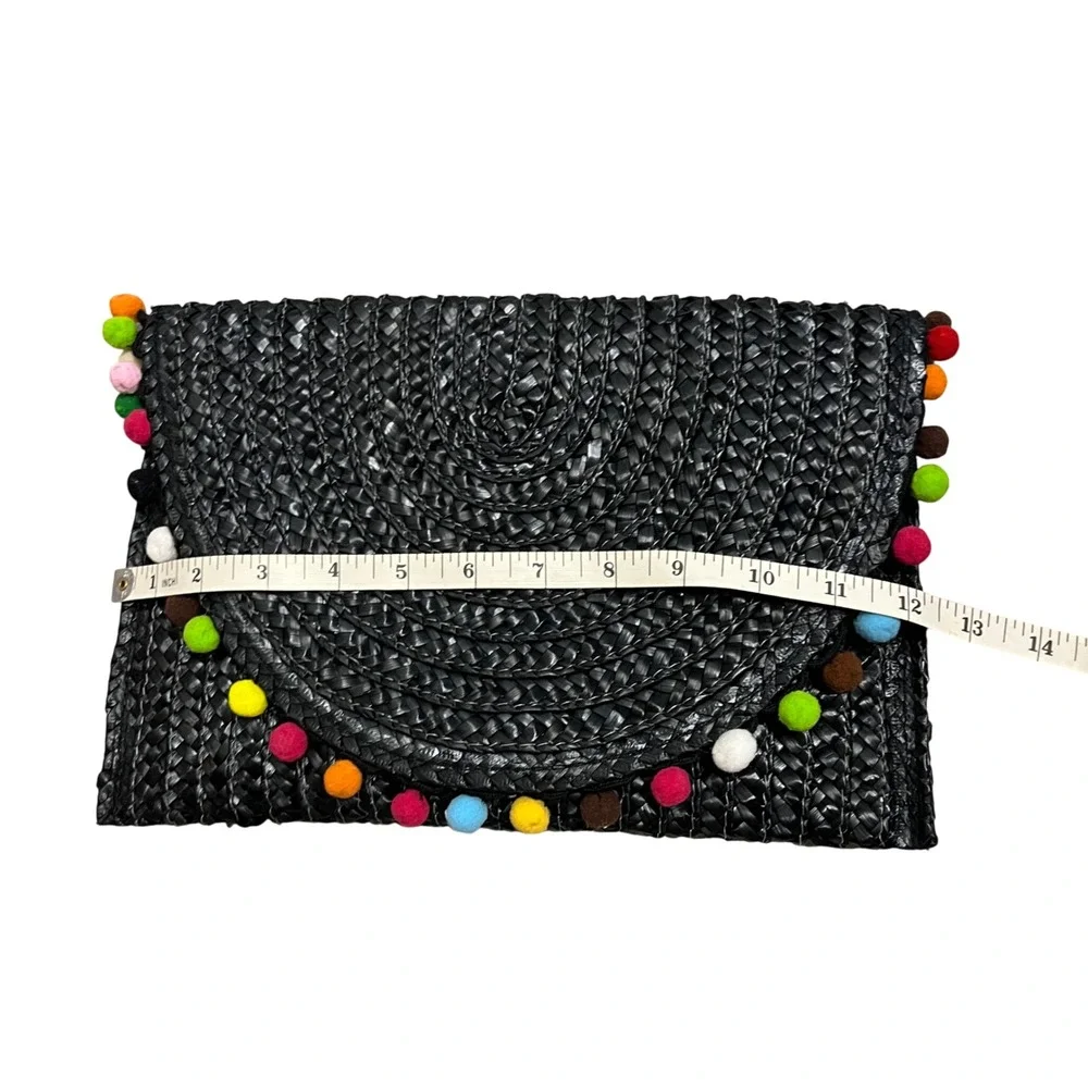 Shiraleah Chicago Woven Straw Clutch Bag Black Multi Color Pom Pom Trim Envelope